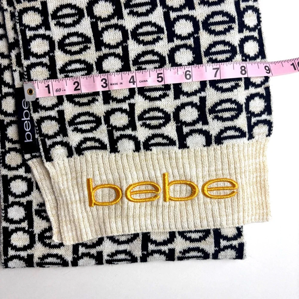 Bebe Y2K‎ Black, Cream & Metallic Gold Logo Scarf Warm Knit Scarf